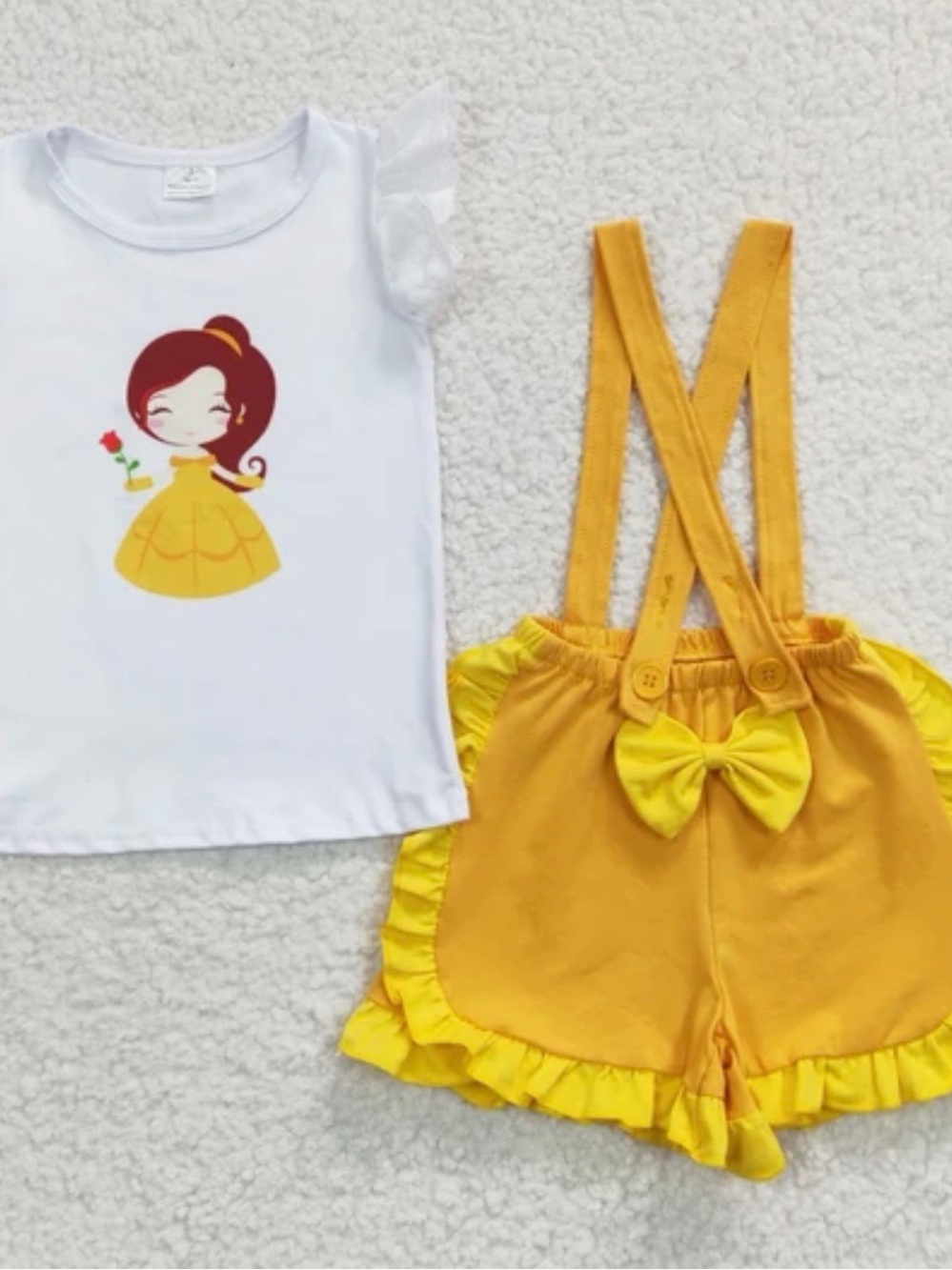 Girls Yellow Ruffle Suspender Shorts Set with Graphic Tee
